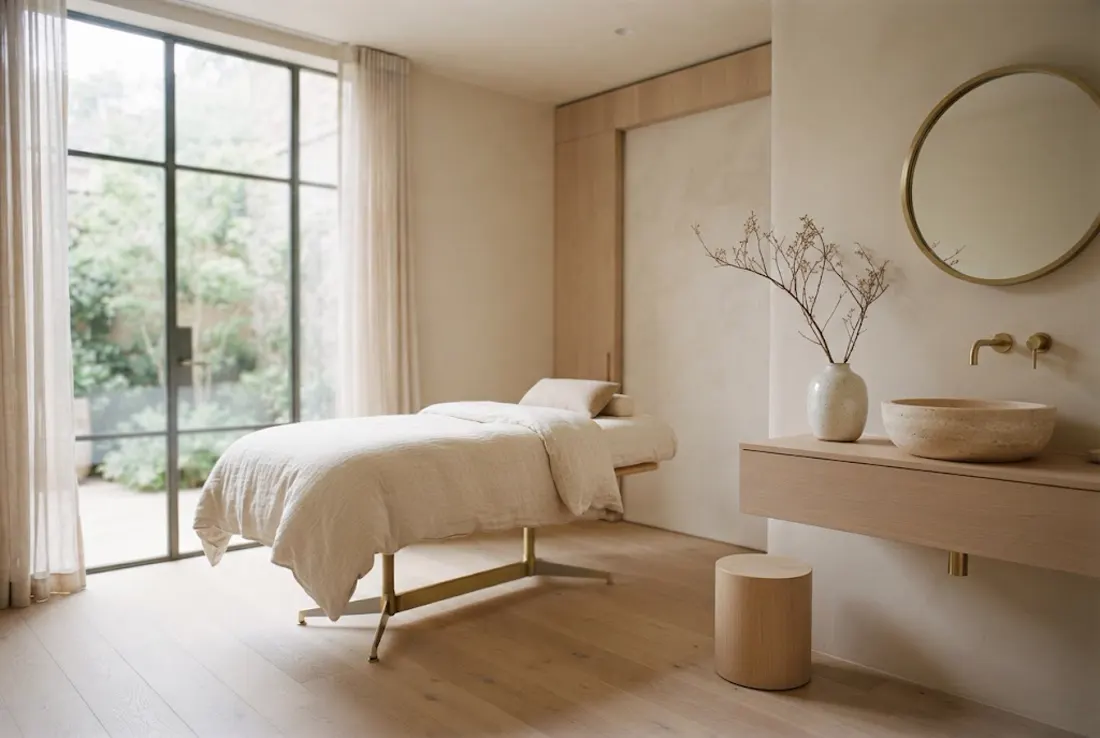 A treatment room in cream linen and pale oak, lit by a large window.