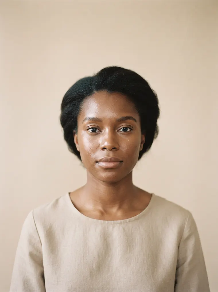 A woman in her late twenties, photographed square to the camera in even daylight.