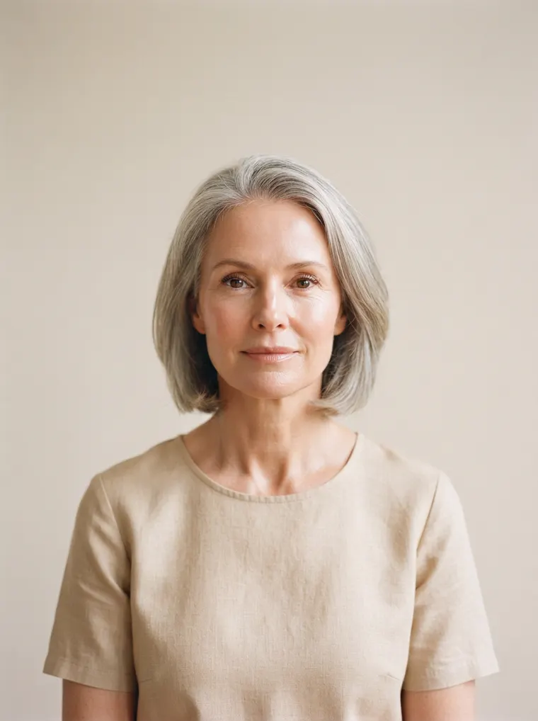 A woman in her fifties with silver hair, photographed square to the camera in even daylight.