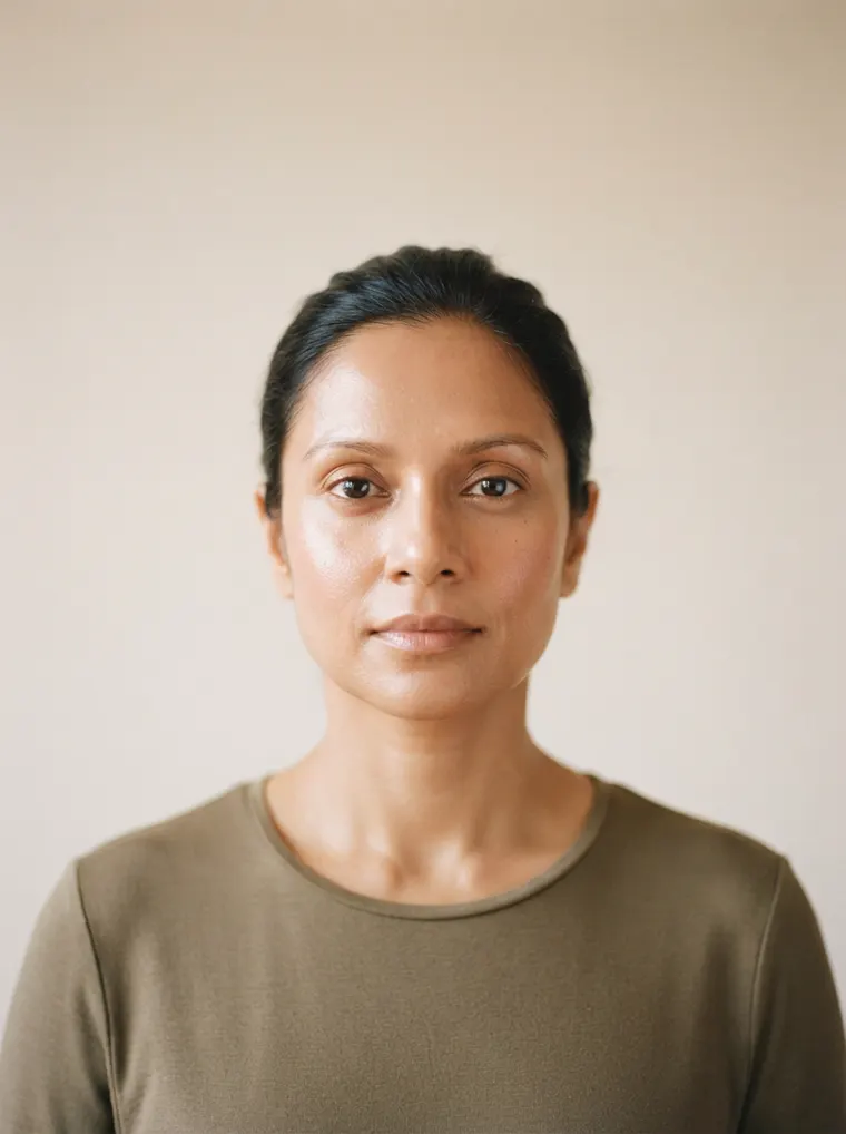 A woman in her forties, photographed square to the camera in even daylight.