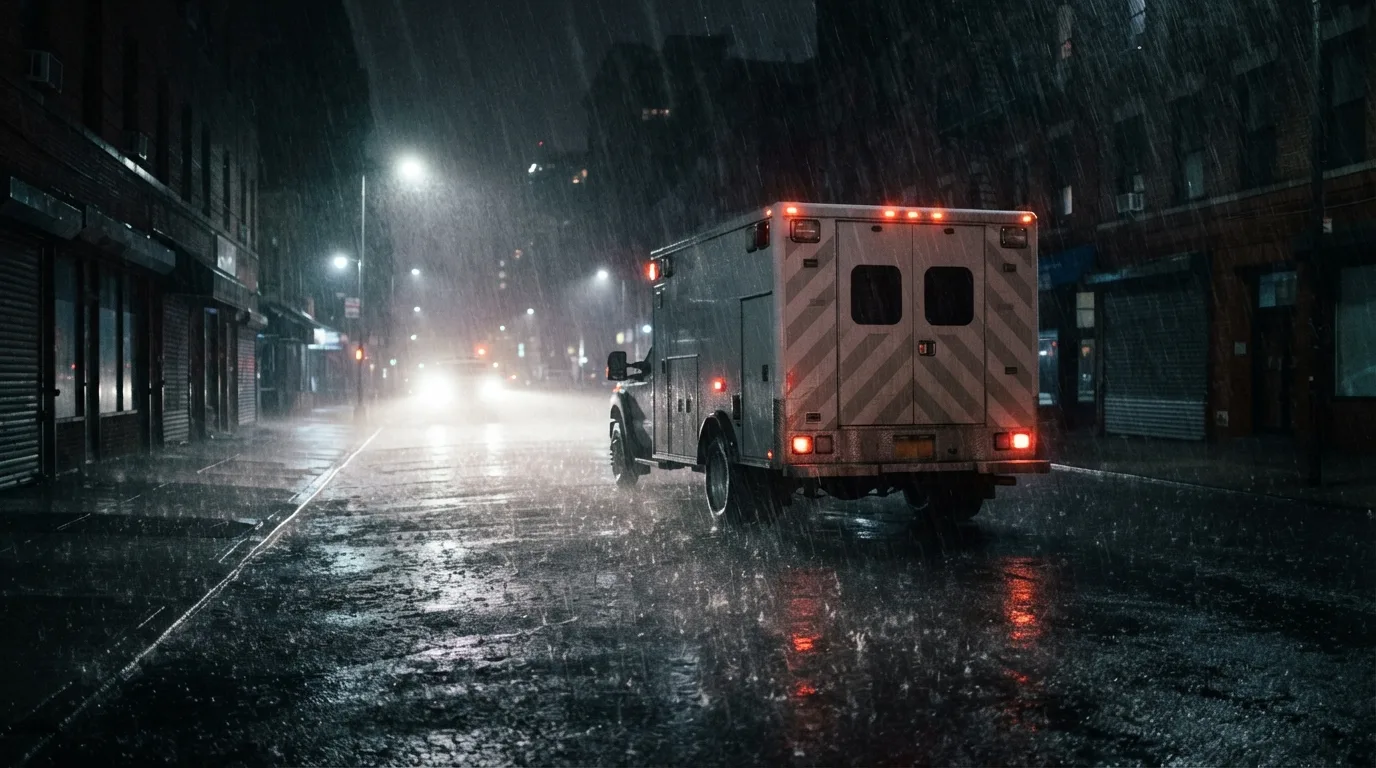 A response truck on a dark street in heavy rain, headlights through the water.