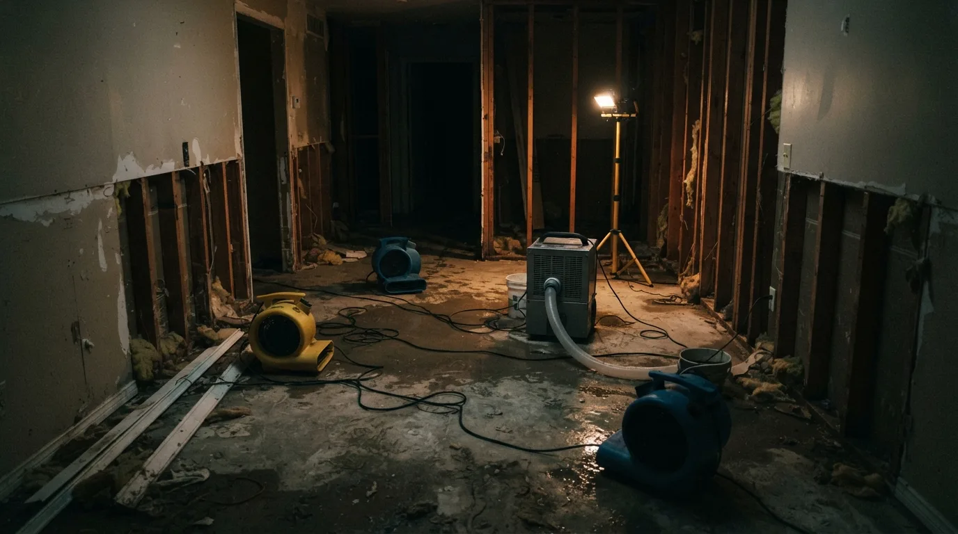 Air movers and a dehumidifier running in a stripped room under a single work lamp.