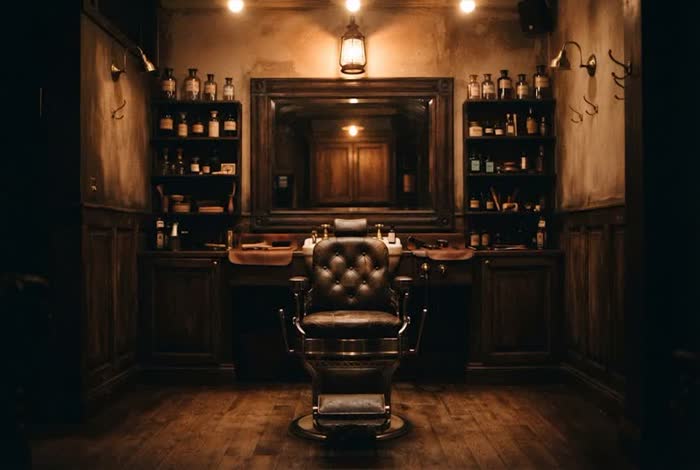 A leather barber chair in near-dark, brass details catching the light