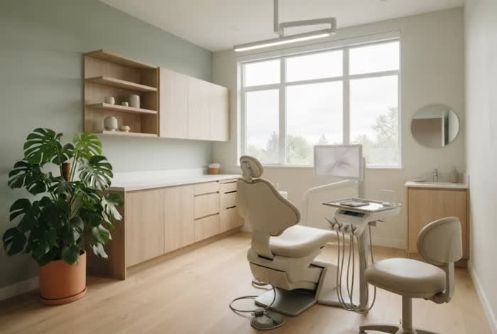 A calm, empty dental room in soft green light